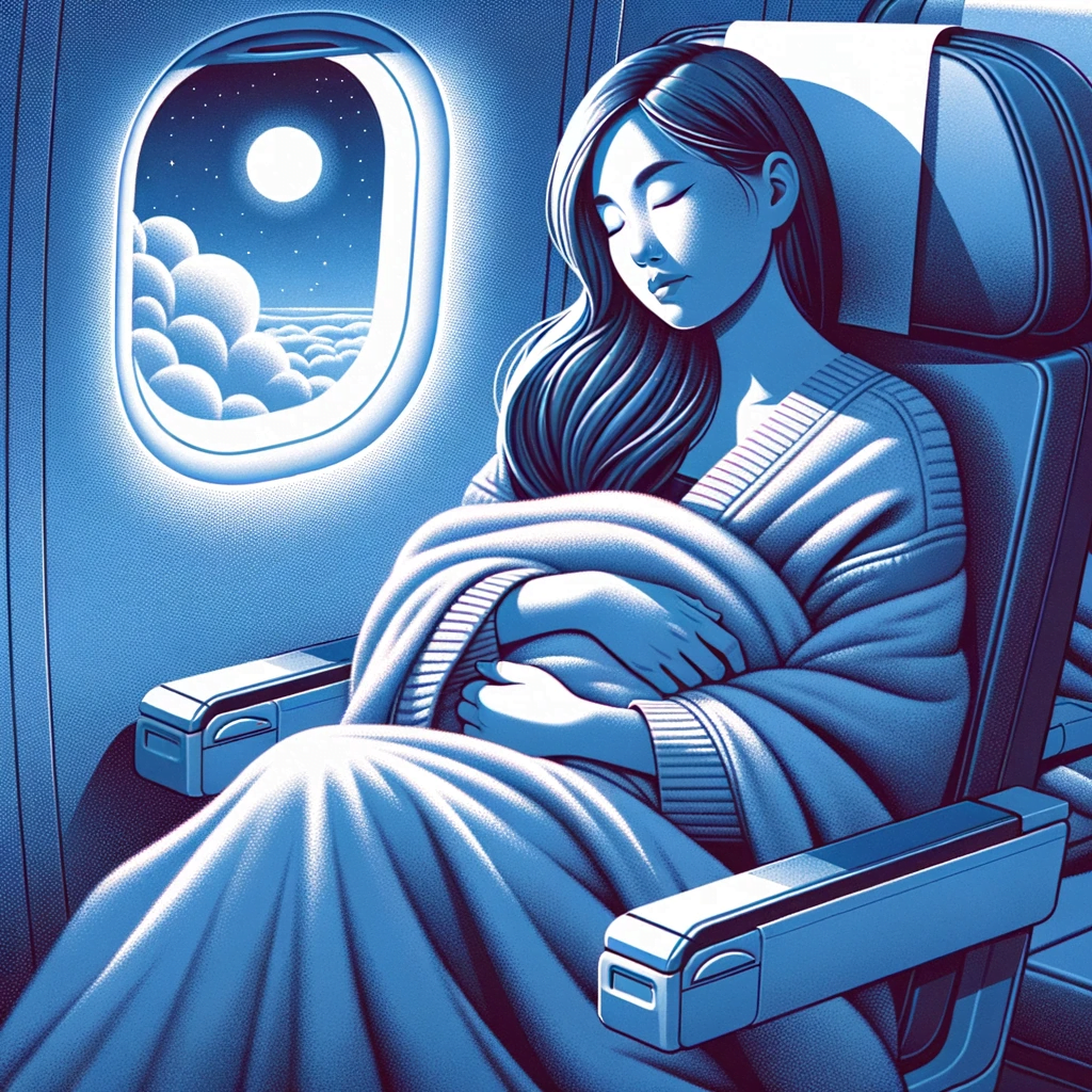 Illustration of a woman with Asian descent, comfortably wrapped in a blanket, dozing off in her airplane seat. The soft blue glow from the plane's interior and a window view of the moonlit clouds hint at the redeye journey she's on.