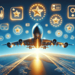 Photo of a grand commercial airplane flying against a clear blue sky. Around it, digital icons of golden loyalty stars, travel vouchers, and membership cards hover. These symbols represent an airline rewards program. Animated digital glows and sparkles emphasize the rewarding nature of the scene.