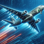 Photo of a sleek commercial airplane soaring in the sky. As it glides, its body seamlessly morphs into intricately designed digital currency notes, giving the appearance of the airplane being interwoven with money. Bright pixels and neon trails highlight the digital art essence of the transformation.